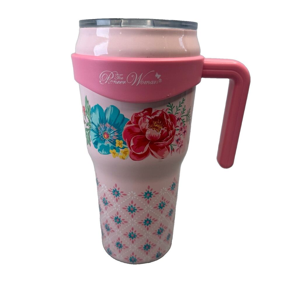 Pioneer Woman 40oz Fancy Flourish Stainless Tumbler Pink w/ Yeti Lid EUC